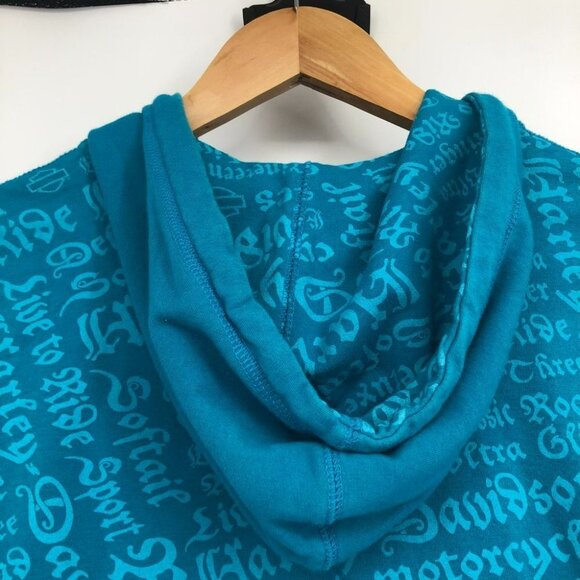 Harley Davidson  Bright Teal Blue All Over Text zipper front Hoodie size SP - Picture 4 of 15